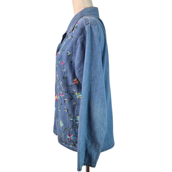 Tudor Court Blue Denim Floral Embroidered Vintage Top Shirt Shacket Large - Picture 3 of 5